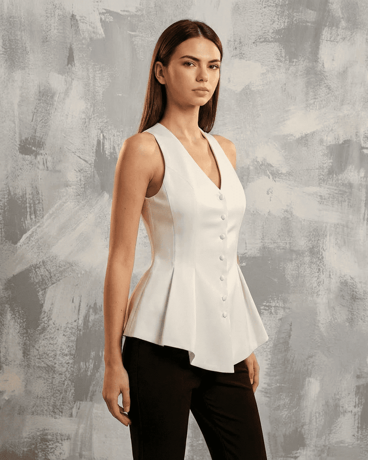 Blusa celeste de mujer sin mangas, escote en V. Prenda elegante y fresca para primavera-verano.
