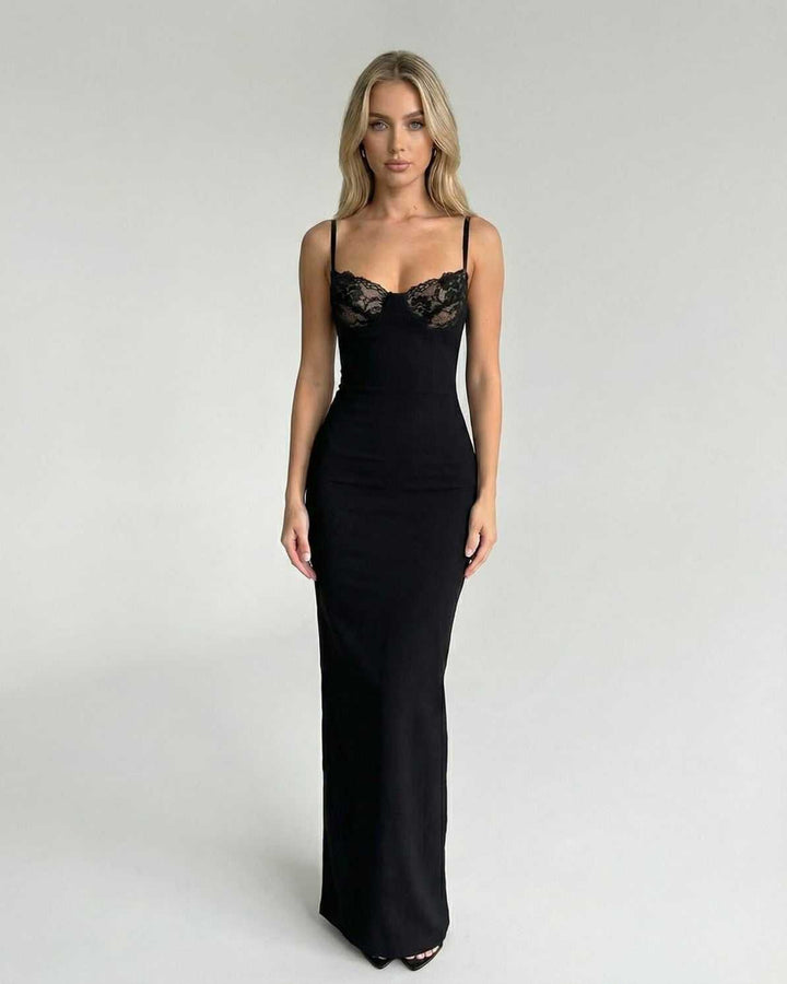 Vestido maxi celeste de encaje para mujer, perfecto para noche y fiestas elegantes.