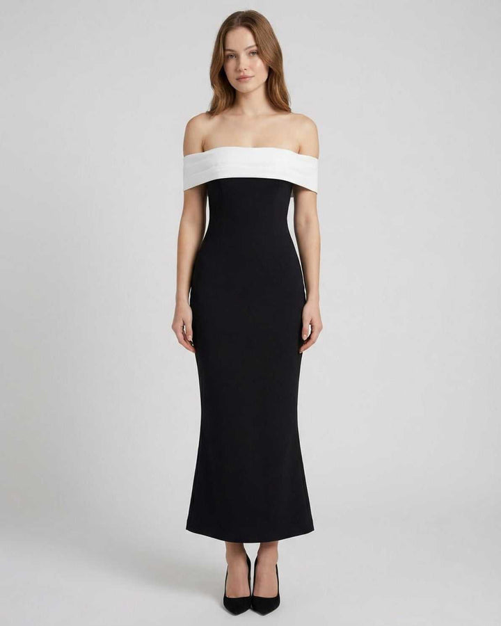 Vestido maxi celeste para mujer, elegante y fluido, con diseño off-shoulder. Perfecto para fiestas de verano.