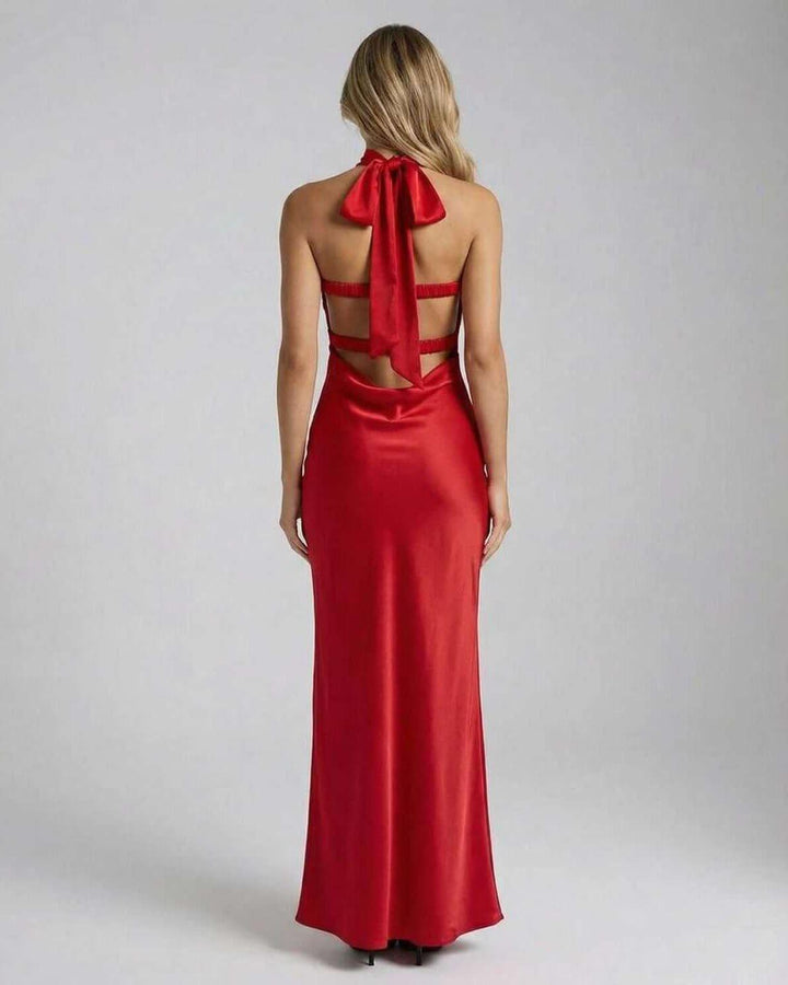 Vestido largo formal celeste para mujer, ideal para eventos elegantes y fiestas de noche.