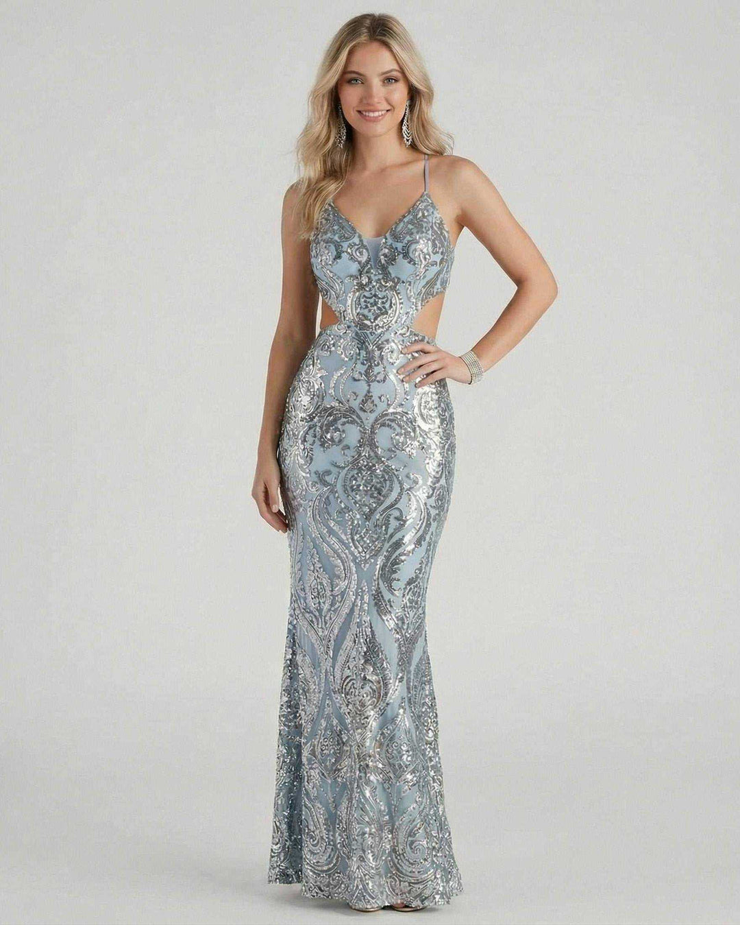 Vestido de fiesta largo para mujer, corte sirena con escote V. Color azul celeste para noches de brillo.