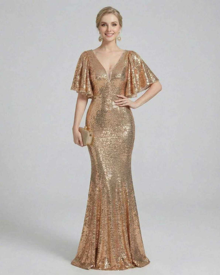 Vestido de gala celeste brillante para mujer. Diseño elegante, silueta trompeta y escote V para noche de fiesta.