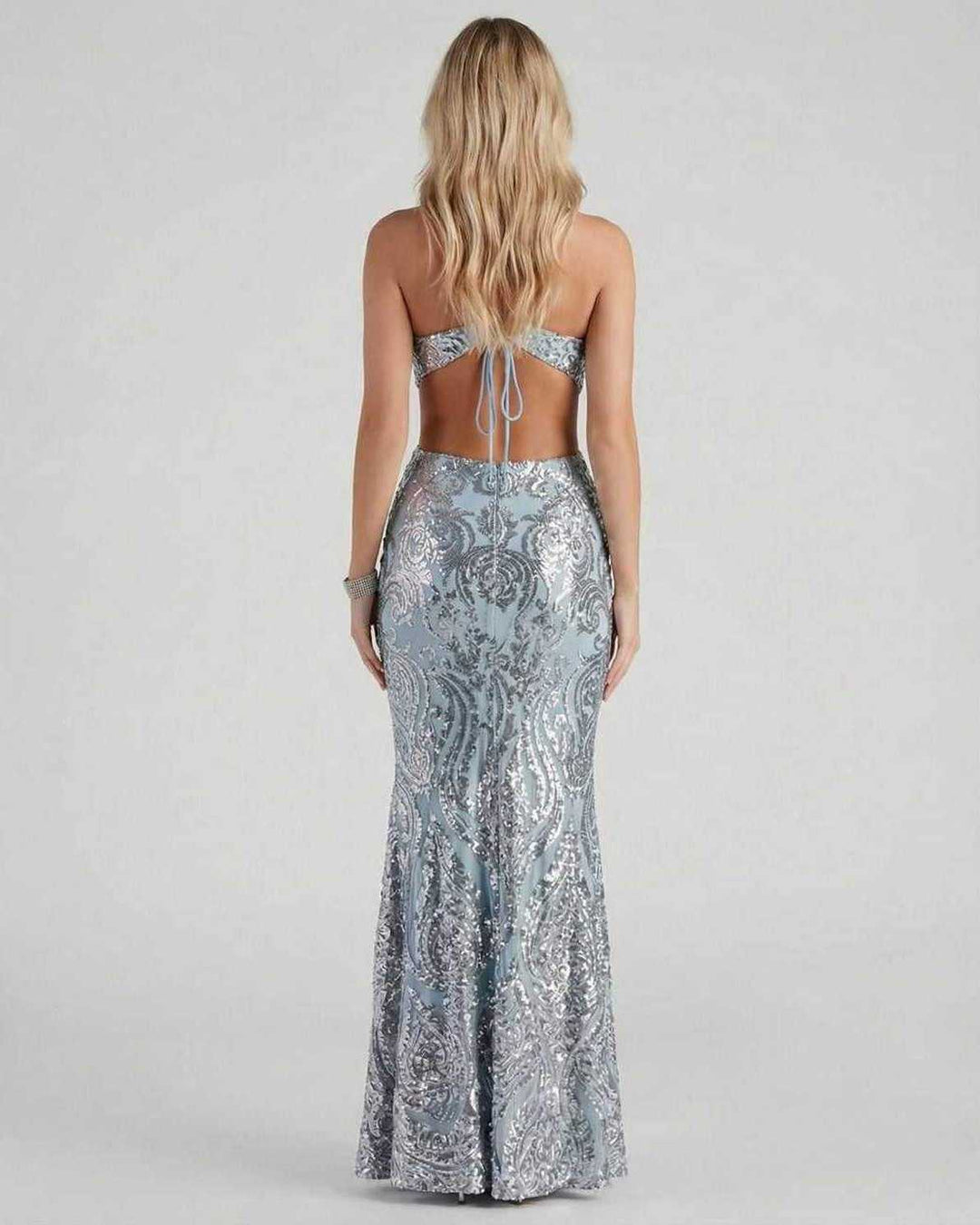 Vestido largo azul de fiesta para mujer. Sofisticado diseño corte sirena con escote V, ideal para gala.