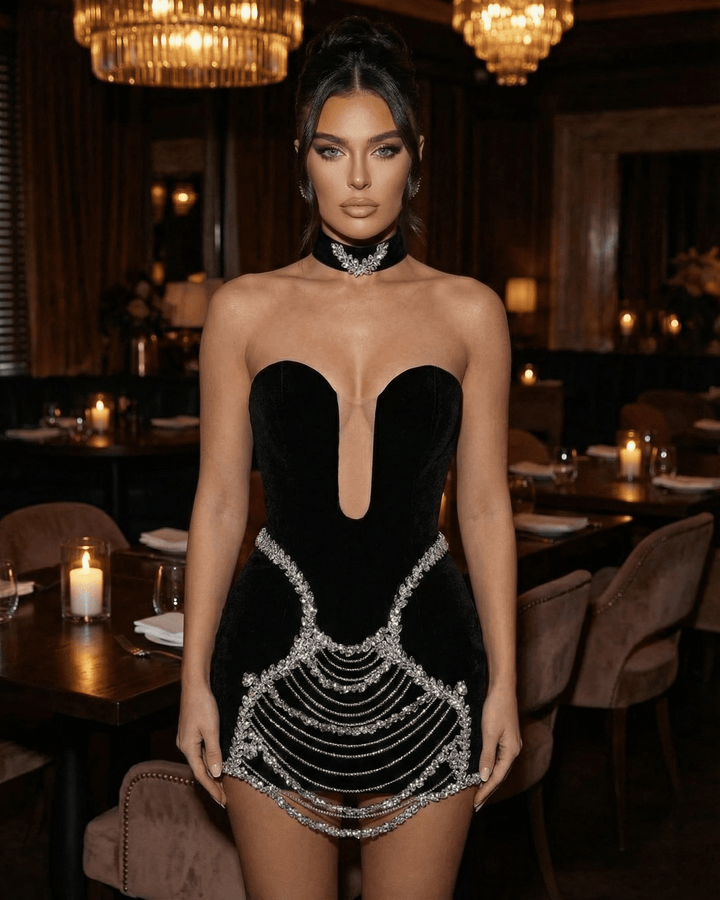 Moda femenina: Vestido mini celeste ajustado y sin mangas con rhinestones. Elegancia nocturna garantizada.