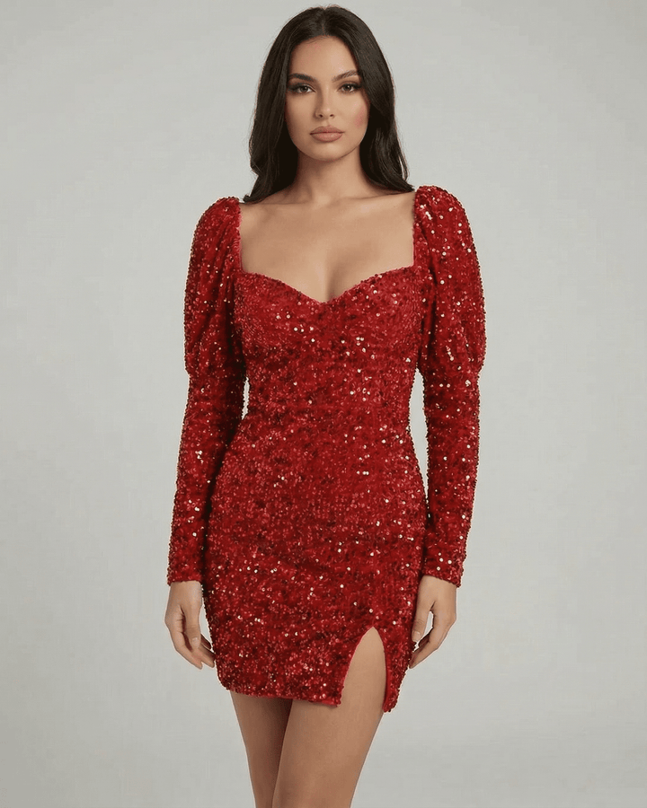Vestido de lentejuelas celeste para mujer, estilo mini y glamuroso, perfecto para eventos nocturnos.