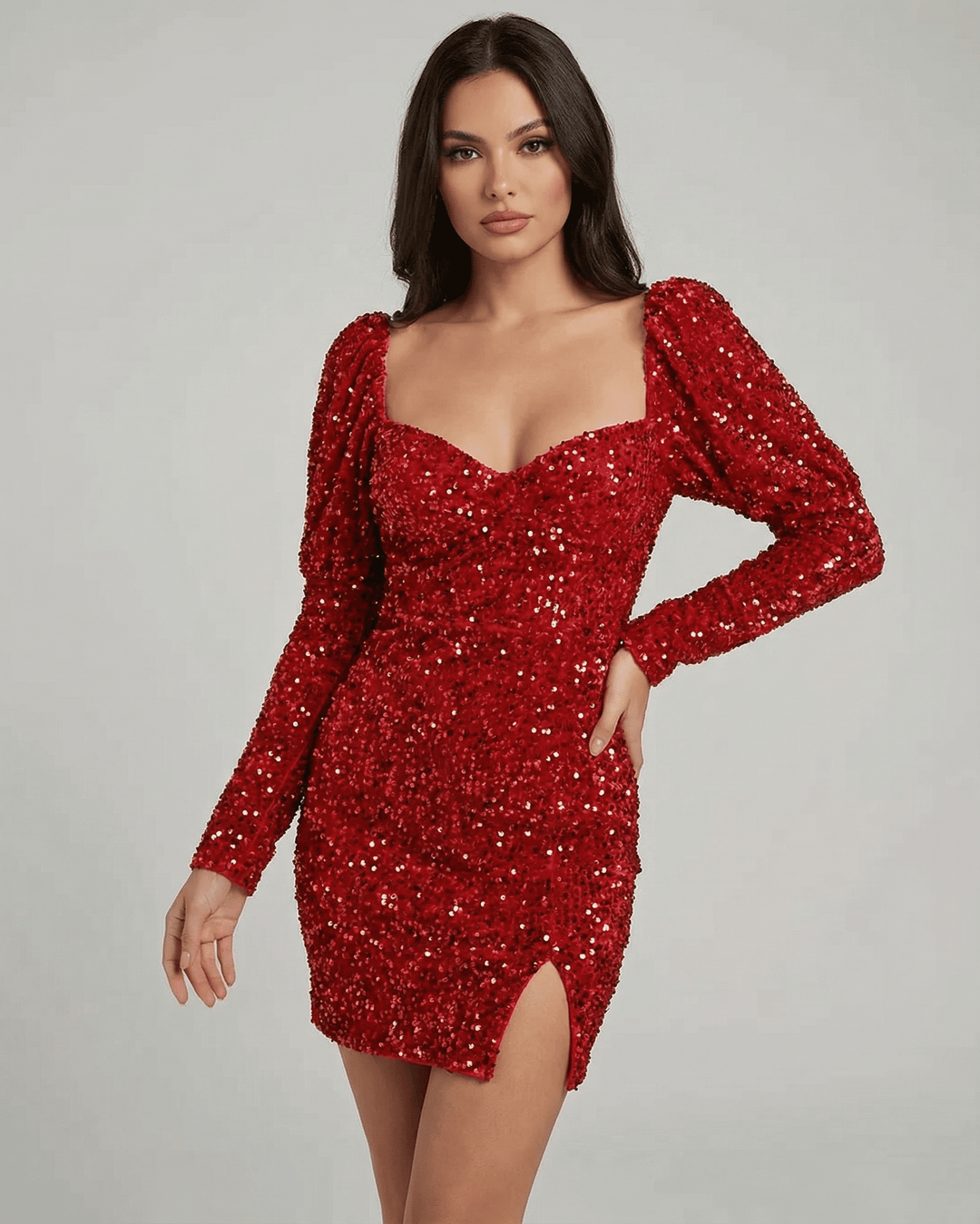 Vestido mini celeste glamuroso con lentejuelas, escote V y mangas largas para fiesta de noche.