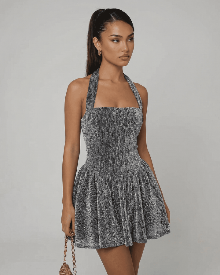 Elegante vestido mini de lentejuelas para mujer. Vestido de fiesta brillante sin mangas con silueta A, perfecto para noche.