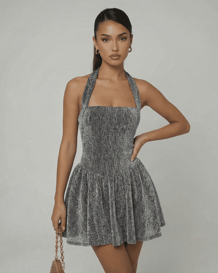 Vestido mini elegante de lentejuelas para fiesta, ideal como ropa de noche para mujer con un toque brillante y chic.