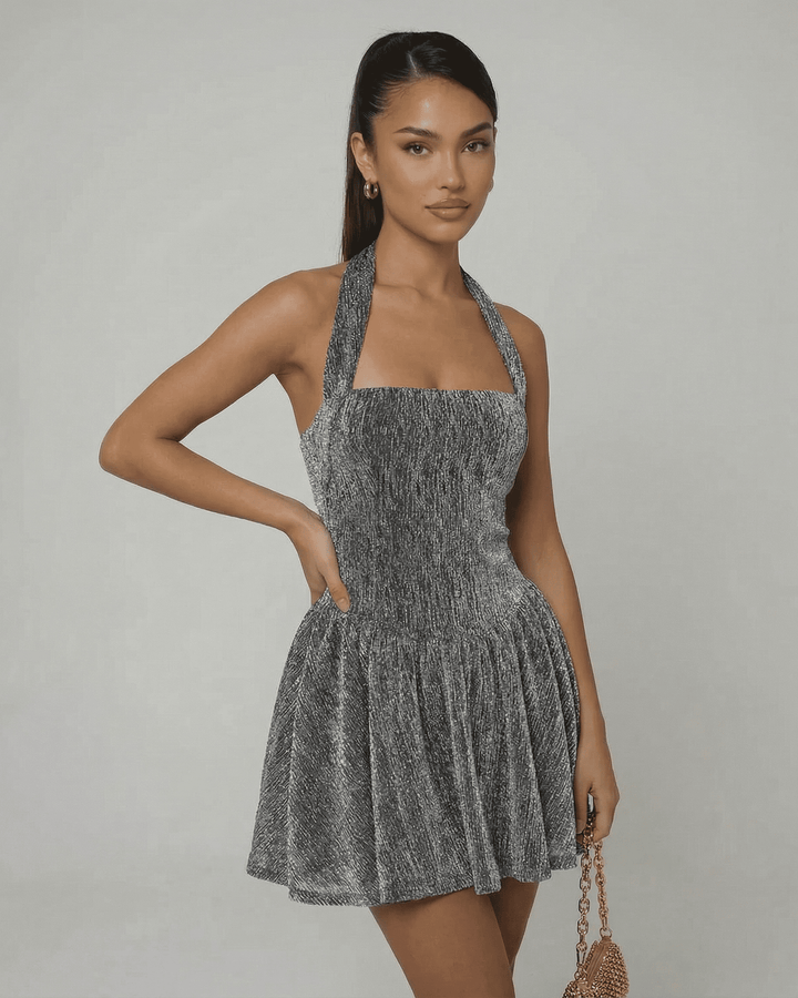 Vestido mini de fiesta con lentejuelas para mujer, escote halter elegante y silueta A brillante para cocteles.