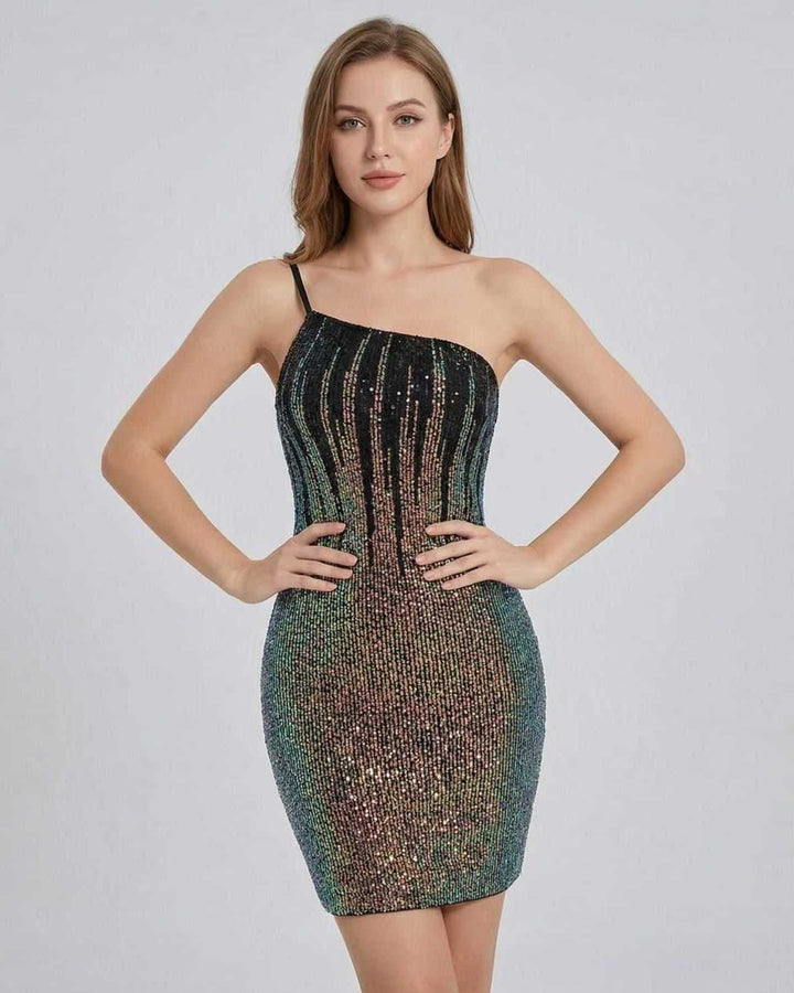 Vestido mini celeste ajustado para mujer con lentejuelas brillantes, ideal para fiesta o cóctel.