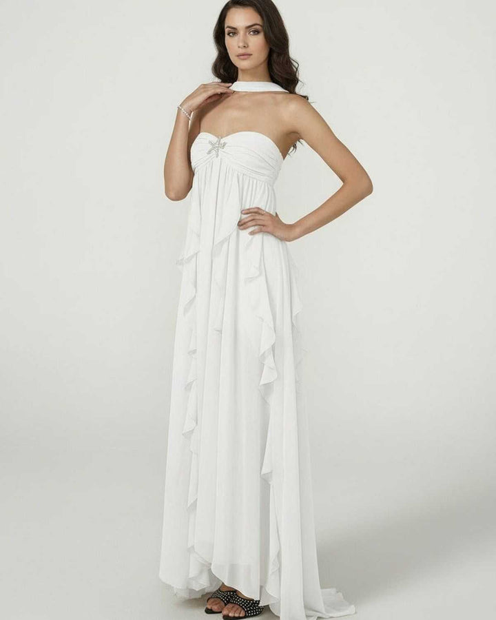 Vestido de fiesta maxi sin mangas para mujer, con volantes elegantes. Ideal para eventos formales y bodas.