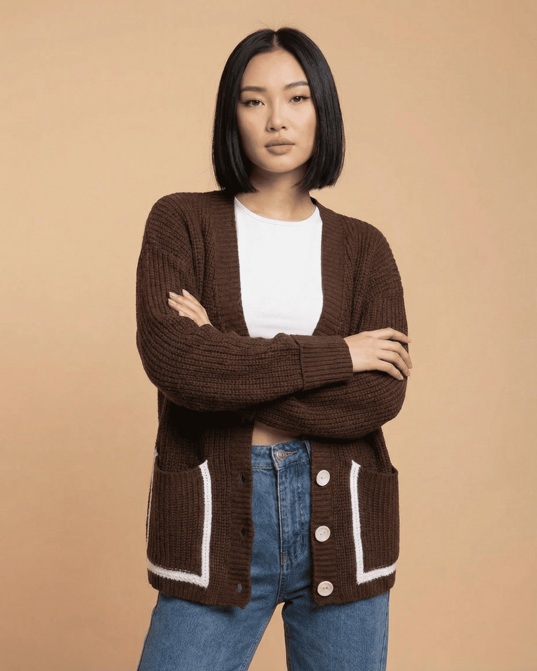 Cárdigan de moda para mujer. Bloque de color, cálido y cómodo. Suéter de punto para un estilo versátil de otoño.