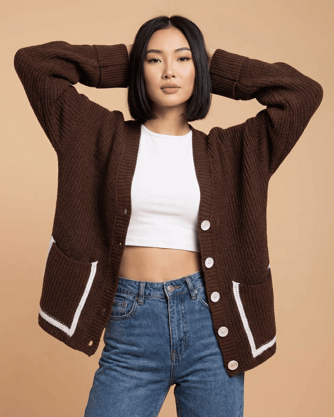 Cárdigan mujer bloque de color. Suéter casual de punto para otoño/invierno. Estilo cómodo y versátil.
