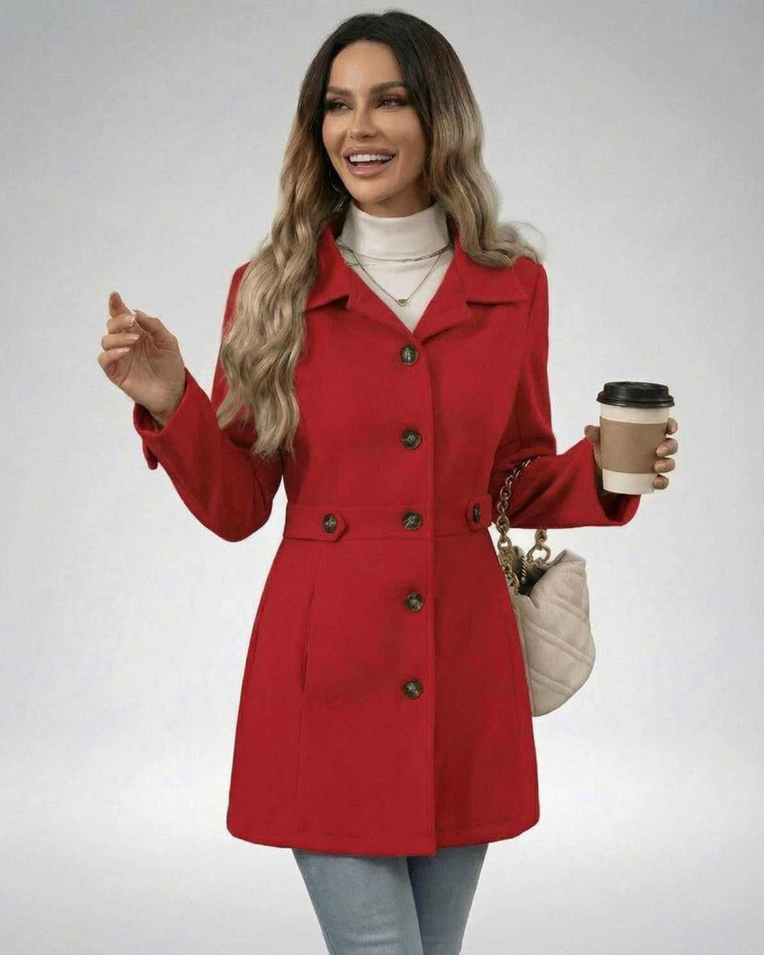 Chaqueta roja carmesí ajustada para mujer, con solapa. Blazer elegante y versátil para moda femenina actual.