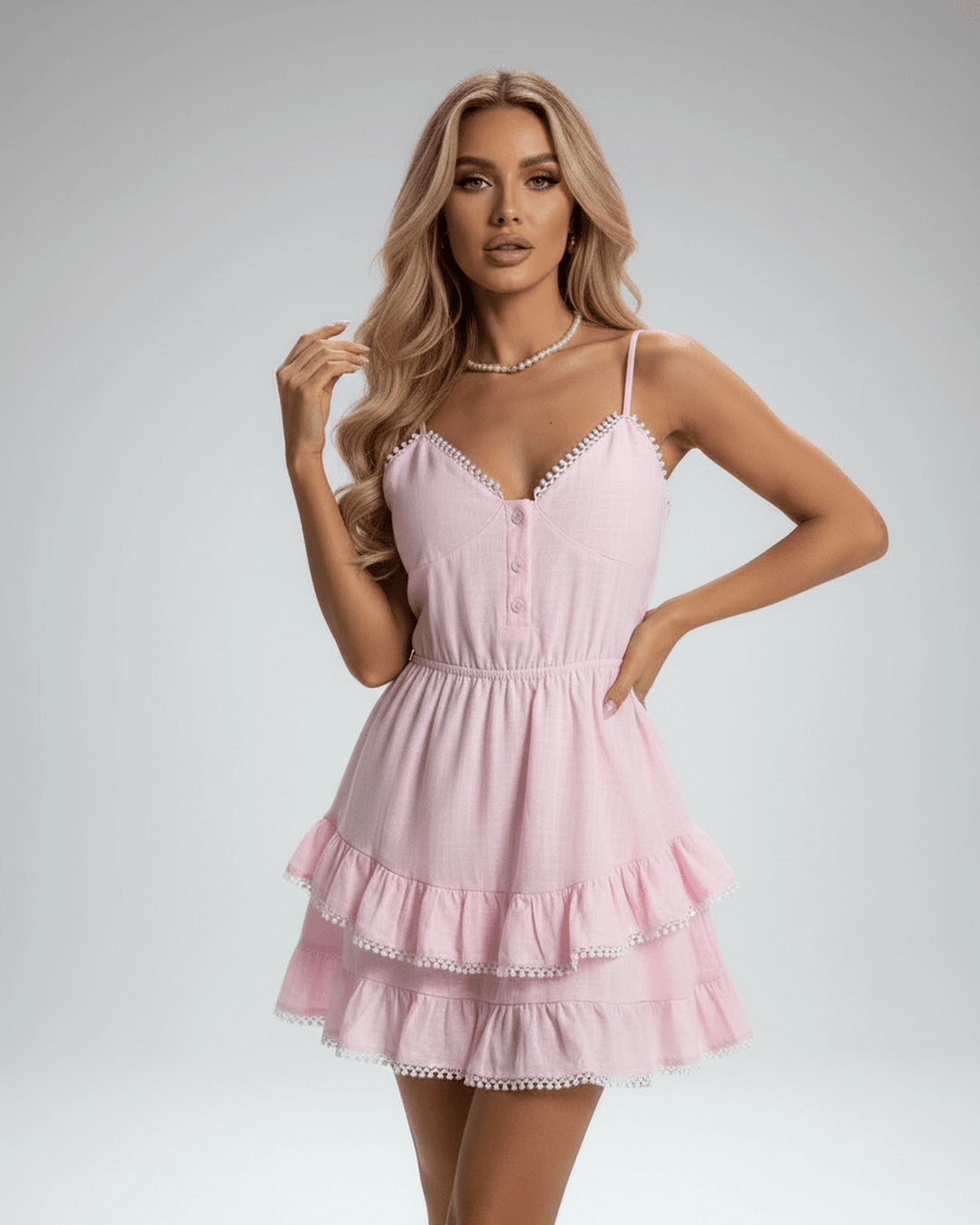 Vestido mini Elara para mujer, rosa pálido, con volantes en mangas y encaje floral. Ideal para brunch de verano.
