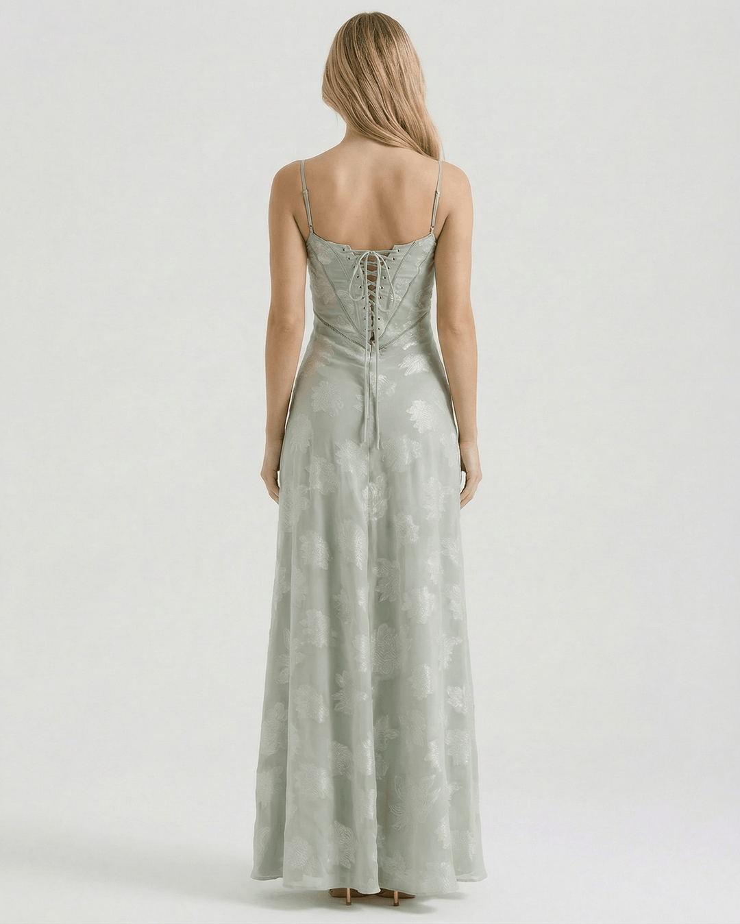 Vestido maxi floral con espalda con cordones para mujer, ideal para fiesta, boda, gala o evento de verano.