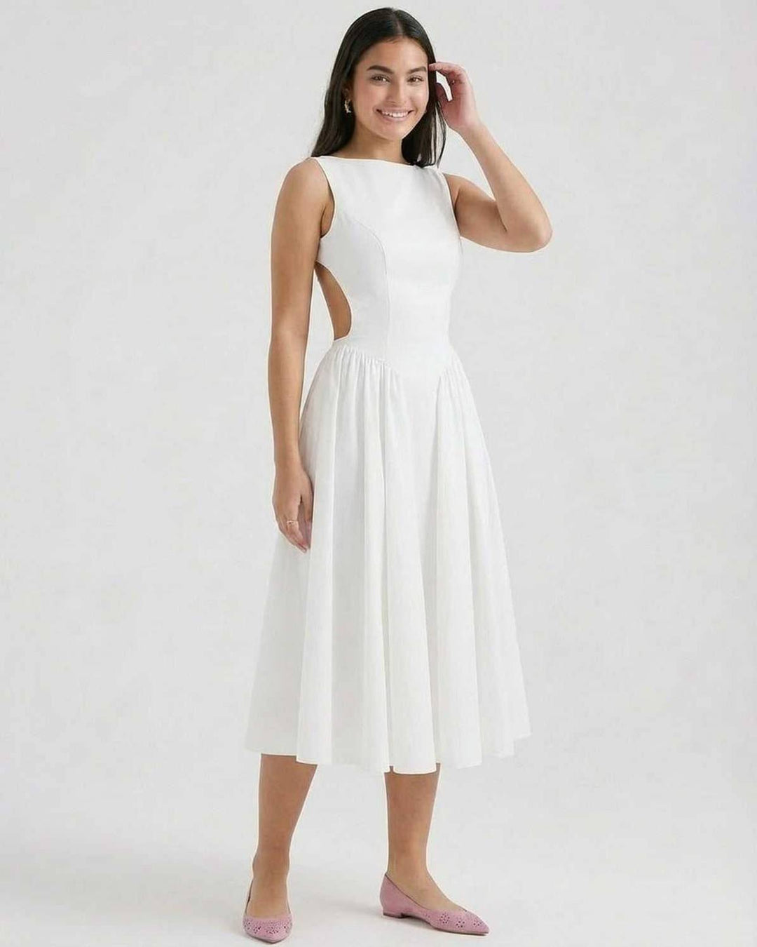 Moda femenina: vestido midi blanco elegante sin mangas para mujer, perfecto para ocasiones especiales.