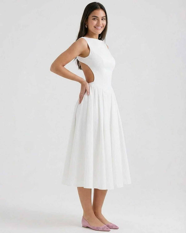 Vestido midi elegante para mujer, blanco, con silueta A. Estilo atemporal para eventos y fiestas.
