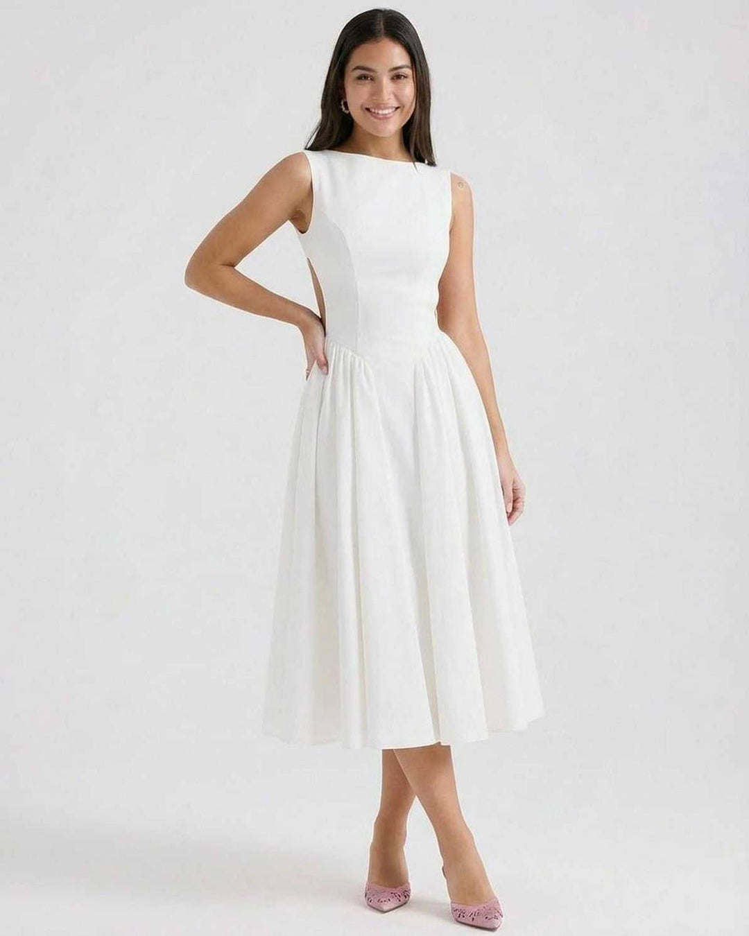 Vestido midi de fiesta para mujer, elegante, sin mangas y con espalda abierta. Moda femenina atemporal.