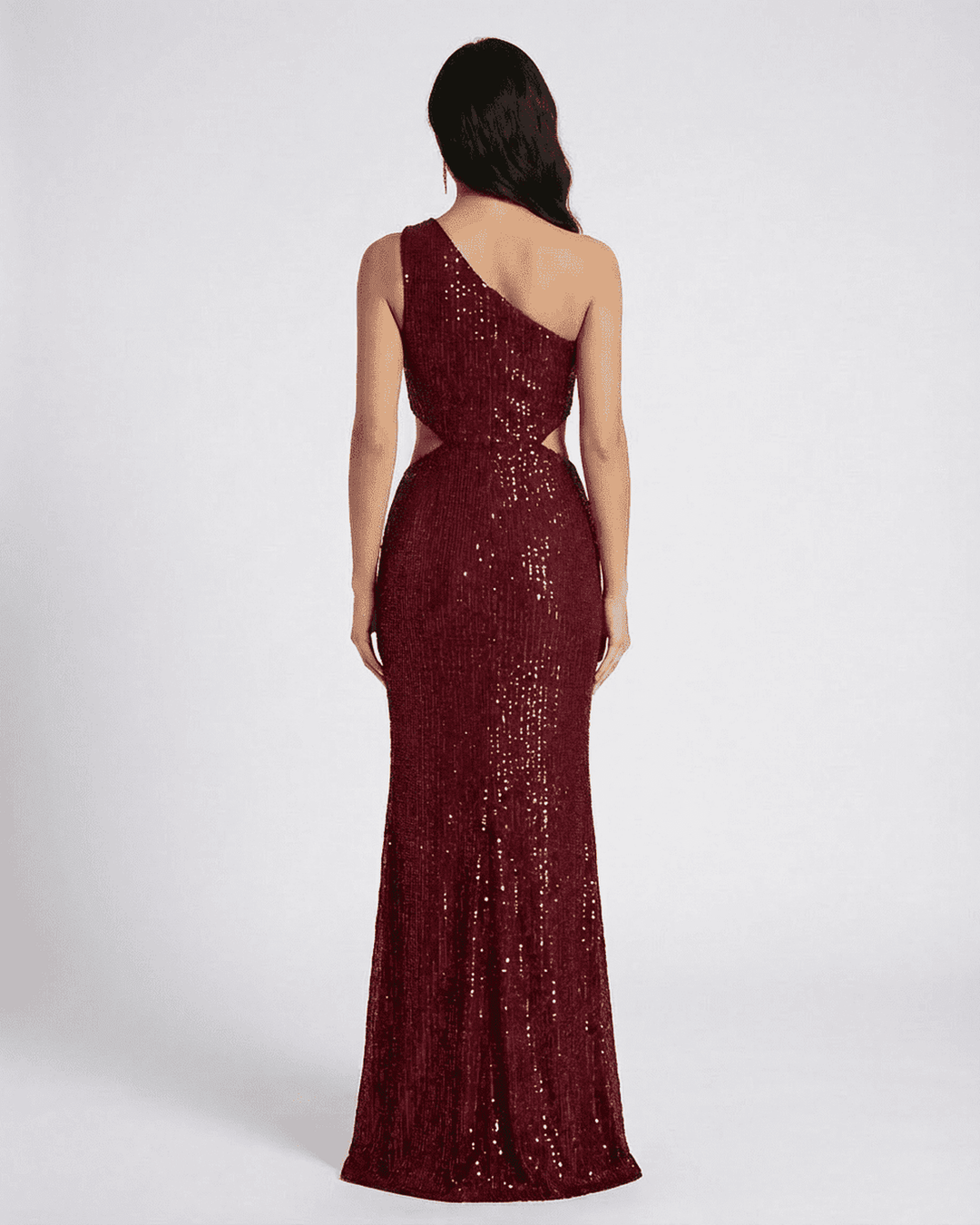 Elegante vestido largo de cóctel y noche para mujer, diseño un hombro y lentejuelas brillantes. Moda festiva.