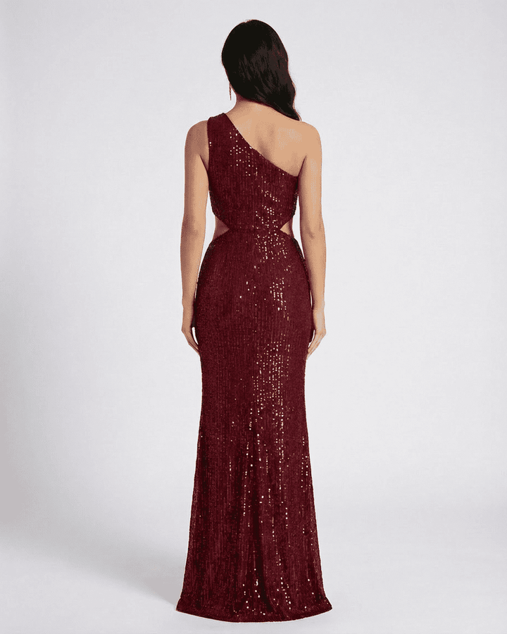 Elegante vestido largo de cóctel y noche para mujer, diseño un hombro y lentejuelas brillantes. Moda festiva.