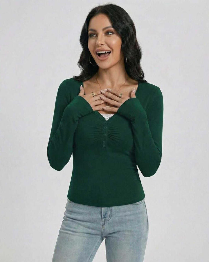 Suéter de mujer esmeralda elegante, cuello V, slim fit. Pullover de manga larga ideal para otoño/invierno.