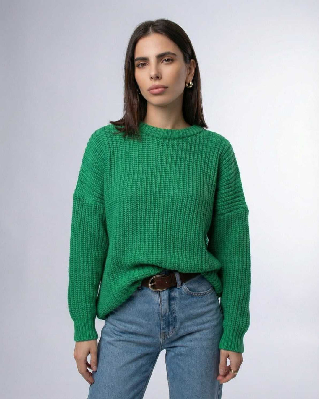 Suéter casual de mujer color esmeralda, manga larga, estilo acanalado, para uso diario o elegante.