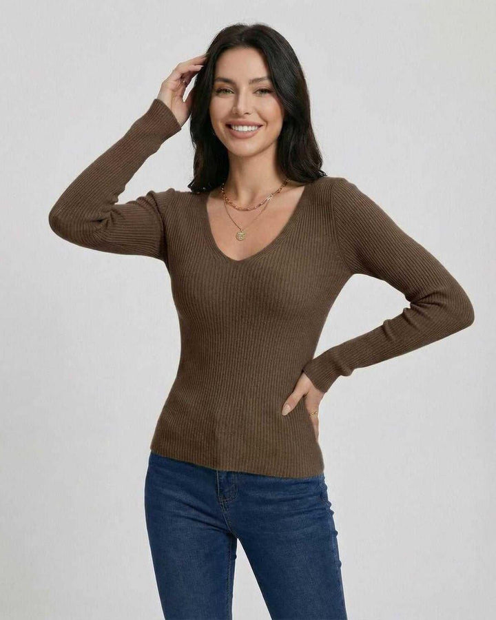 Suéter de mujer cuello V ajustado, manga larga. Pullover versátil para outfits elegantes de oficina o casuales.