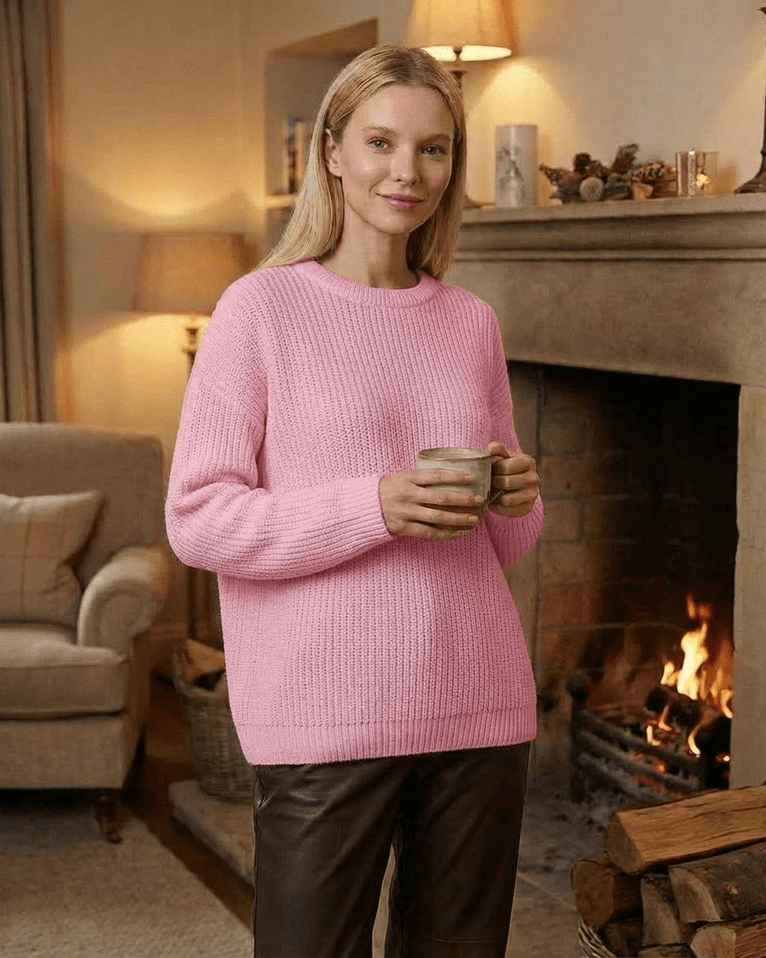 Suéter holgado de mujer color rosa, tejido suave y cálido. Moda femenina para invierno y otoño.