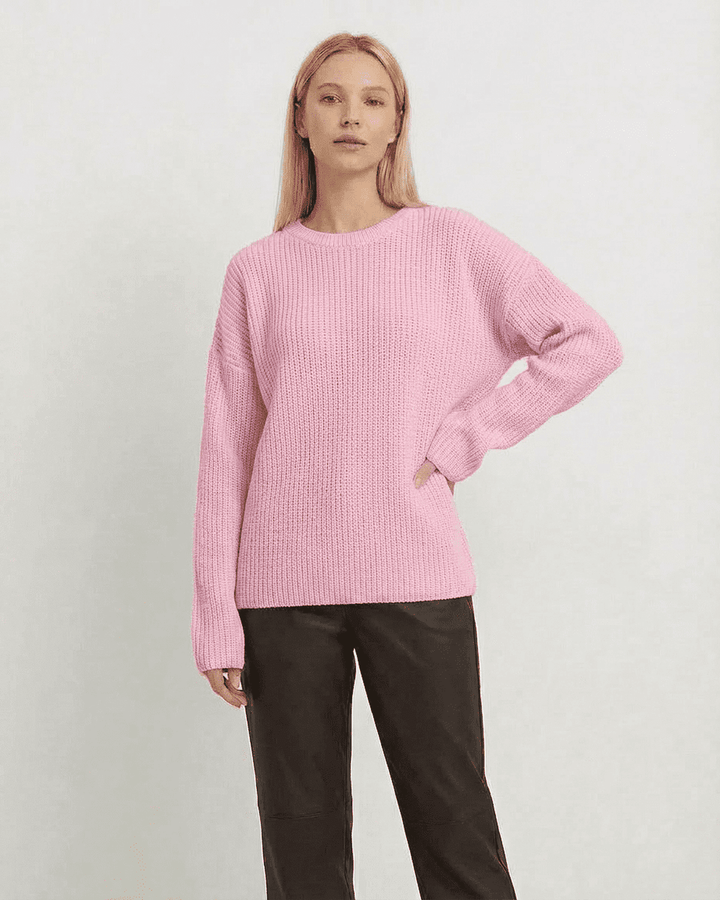Ropa casual: suéter rosa acogedor de mujer, estilo holgado y cuello redondo para otoño/invierno.