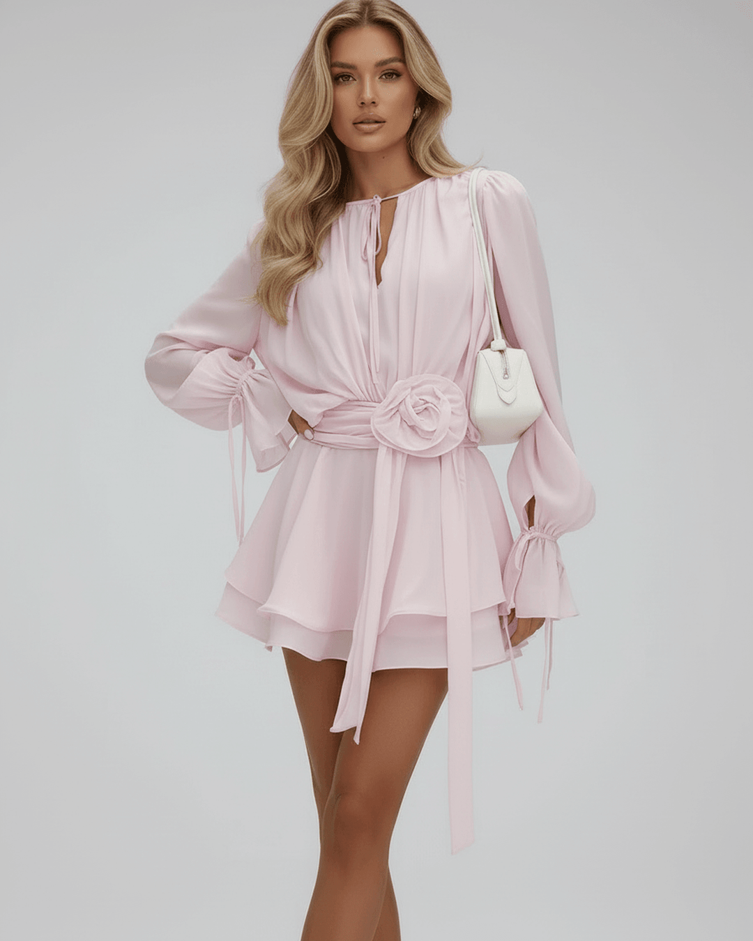 Vestido elegante Florence blanco para noches. Mini, bodycon, con mangas acampanadas y delicados adornos 3D.
