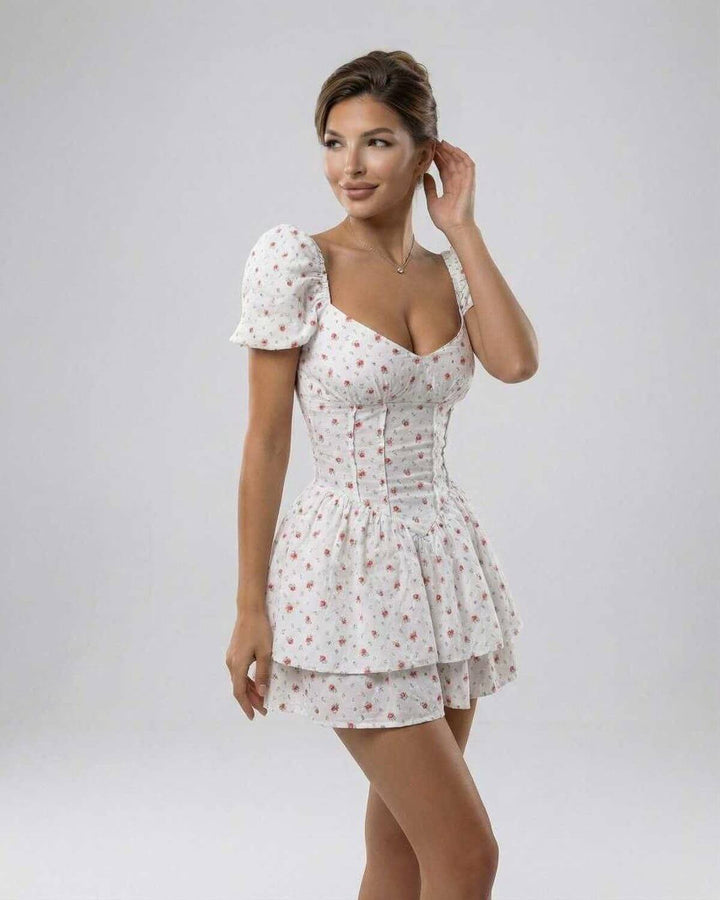 Vestido mini floral versátil para mujer, con manga abullonada y escote V. Look fresco para vacaciones.