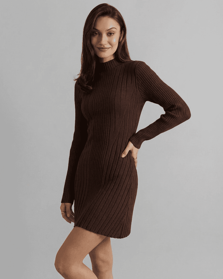 Vestido mini Florence marrón para mujer, chic y cómodo. Cuello alto, manga larga, ideal para día o noche.