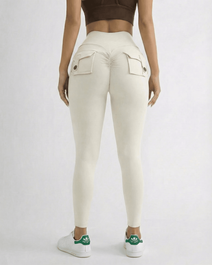 Leggings deportivos crema para mujer, tiro alto y tobillero, perfectos para yoga, gimnasio o casual.