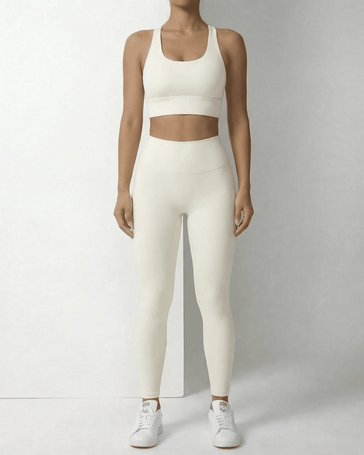 Leggings Iris crema de tiro alto para mujer, cómodos y estilo al tobillo. Ideales para yoga o gimnasio.
