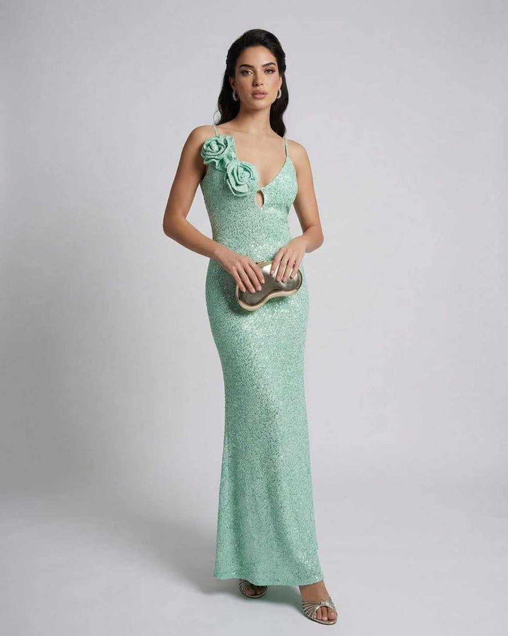 Vestido maxi mujer verde menta, diseño floral, escote V. Ideal primavera verano, fiesta elegante, largo tobillo.