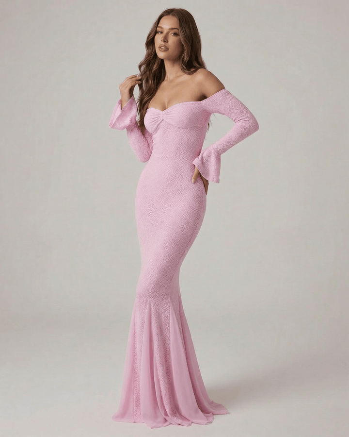 Vestido maxi blanco de noche para mujer con hombros descubiertos, silueta sirena. Perfecto para gala y eventos.