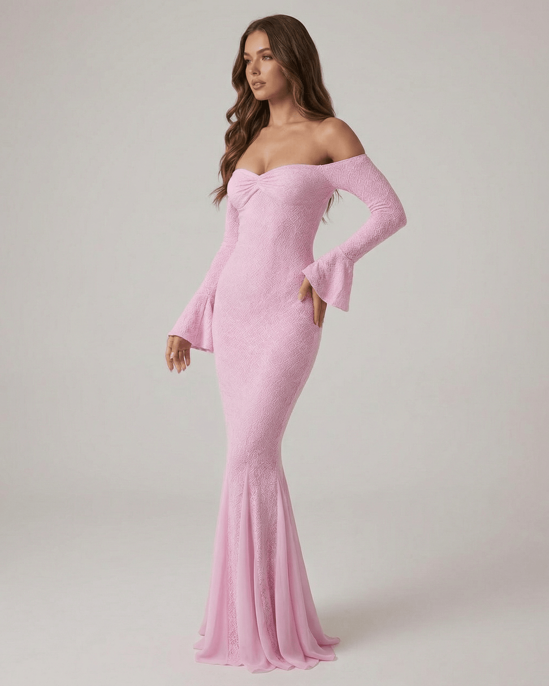 Vestido de gala maxi blanco, hombros al descubierto y corte sirena. Estilo formal y chic para ocasiones especiales.