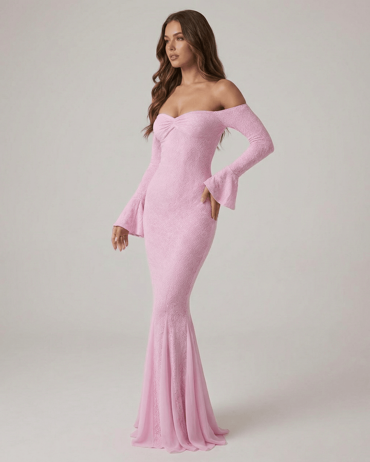 Vestido de gala maxi blanco, hombros al descubierto y corte sirena. Estilo formal y chic para ocasiones especiales.
