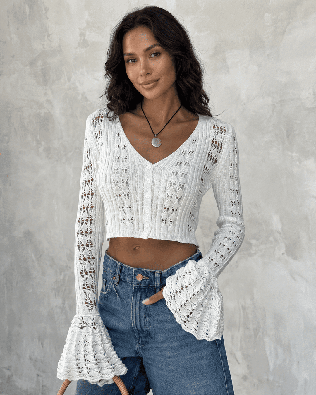 Cárdigan de punto blanco para mujer con mangas acampanadas, ideal para primavera/otoño.