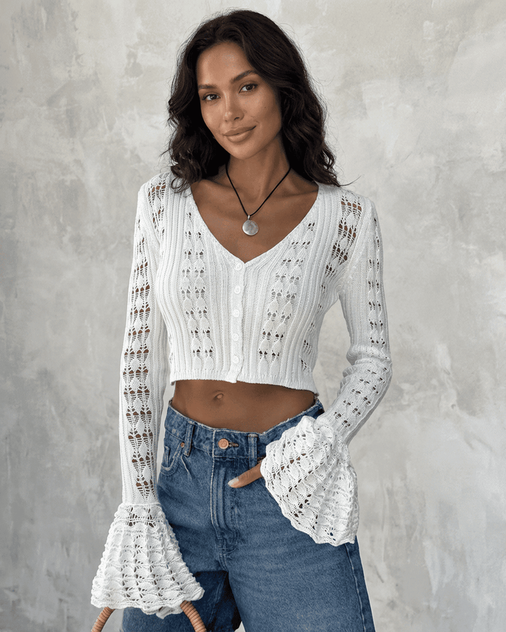 Cárdigan de punto blanco para mujer con mangas acampanadas, ideal para primavera/otoño.