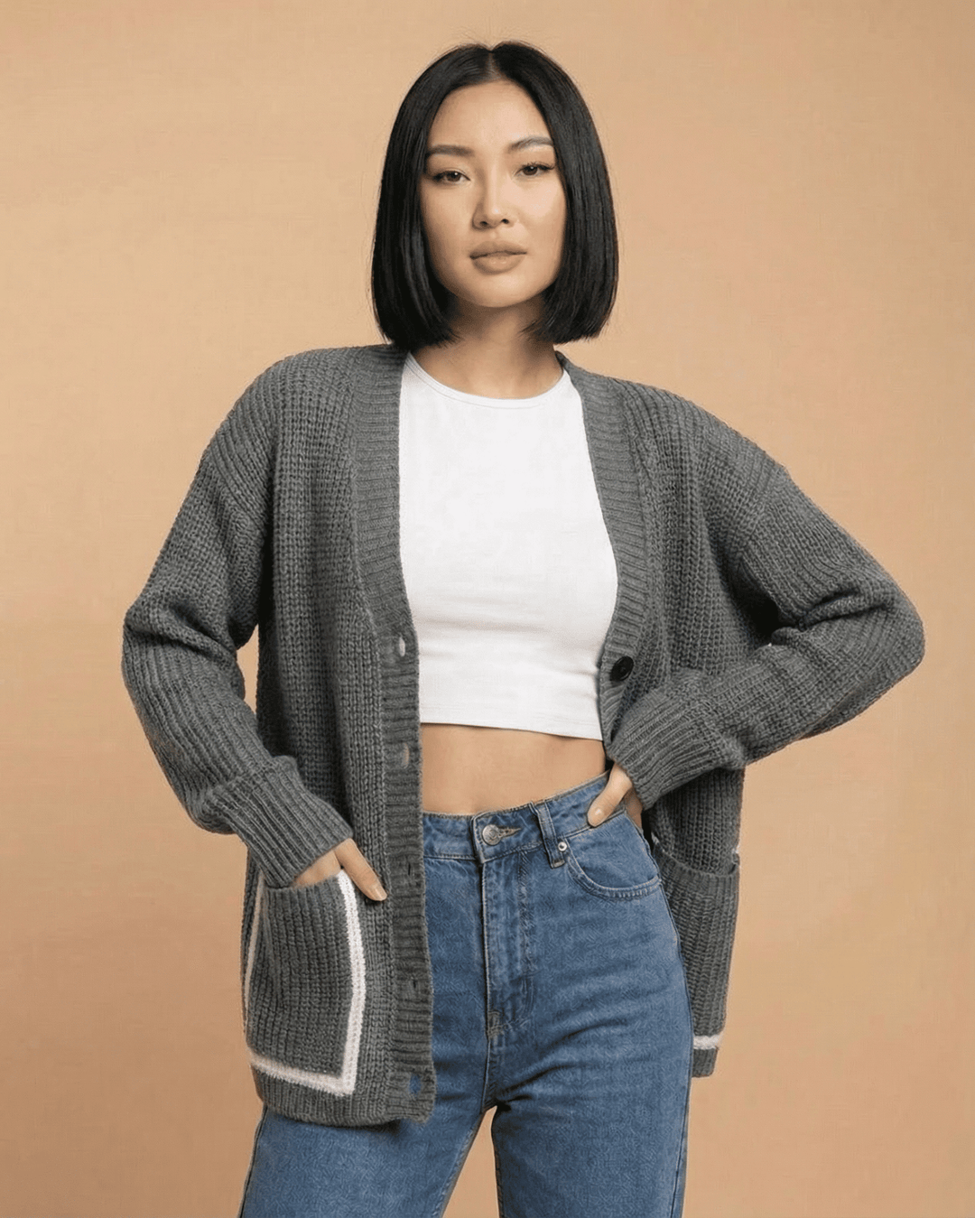 Cárdigan de mujer color bloque con escote V, manga larga, ideal para superponer en otoño e invierno.