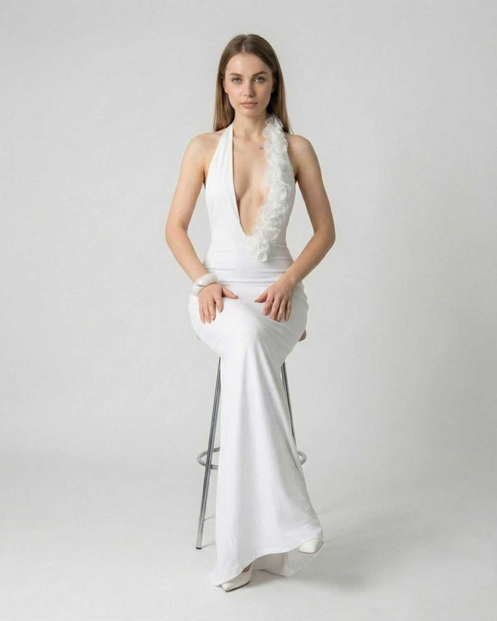Vestido maxi blanco de noche para mujer, escote V y espalda descubierta, perfecto para galas, bodas o fiestas formales.