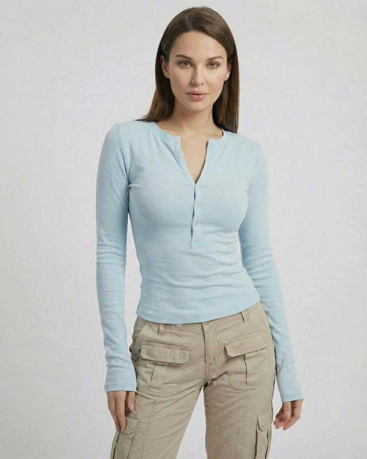 Top de manga larga para mujer, viscosa cómoda, ajuste slim moderno, color blanco versátil.