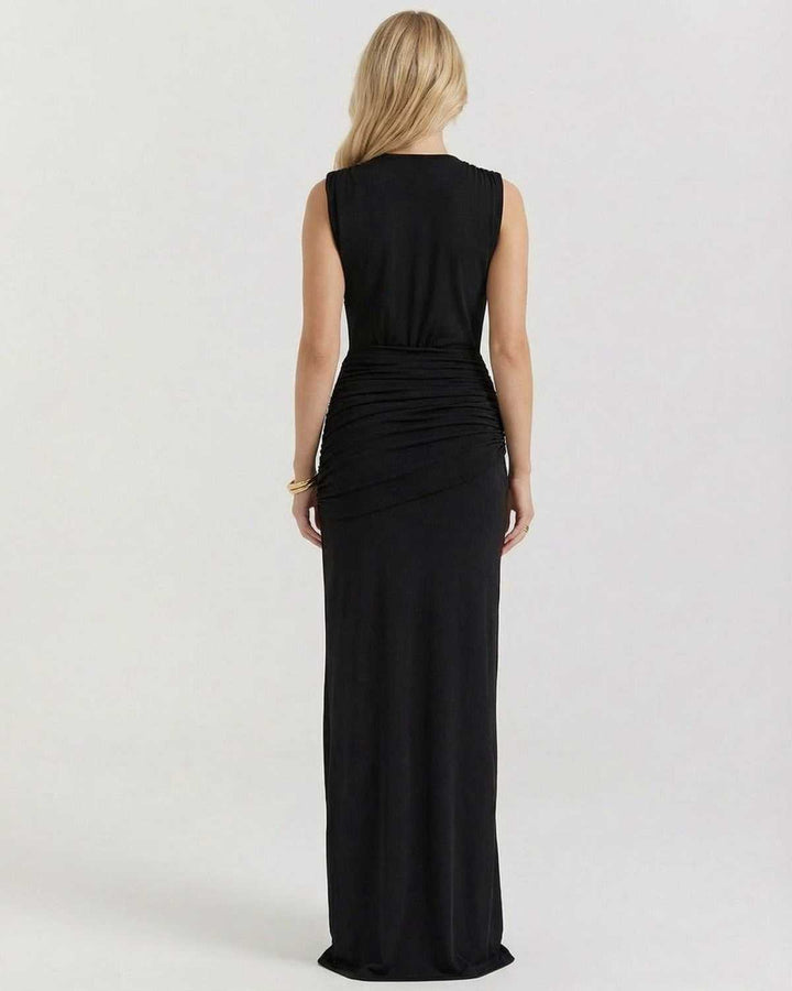 Elegante vestido de fiesta asimétrico Luna para mujer con abertura alta y seductor escote en V, moda femenina.