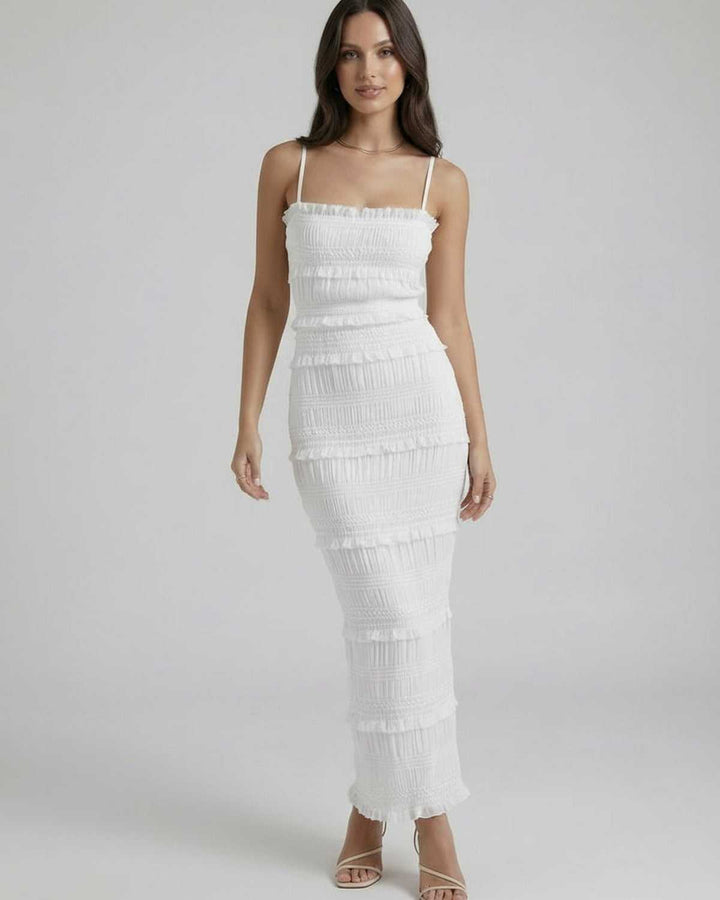 Vestido maxi blanco ceñido "Luna", elegante para mujer. Ideal para fiesta, cocktail y eventos de verano.