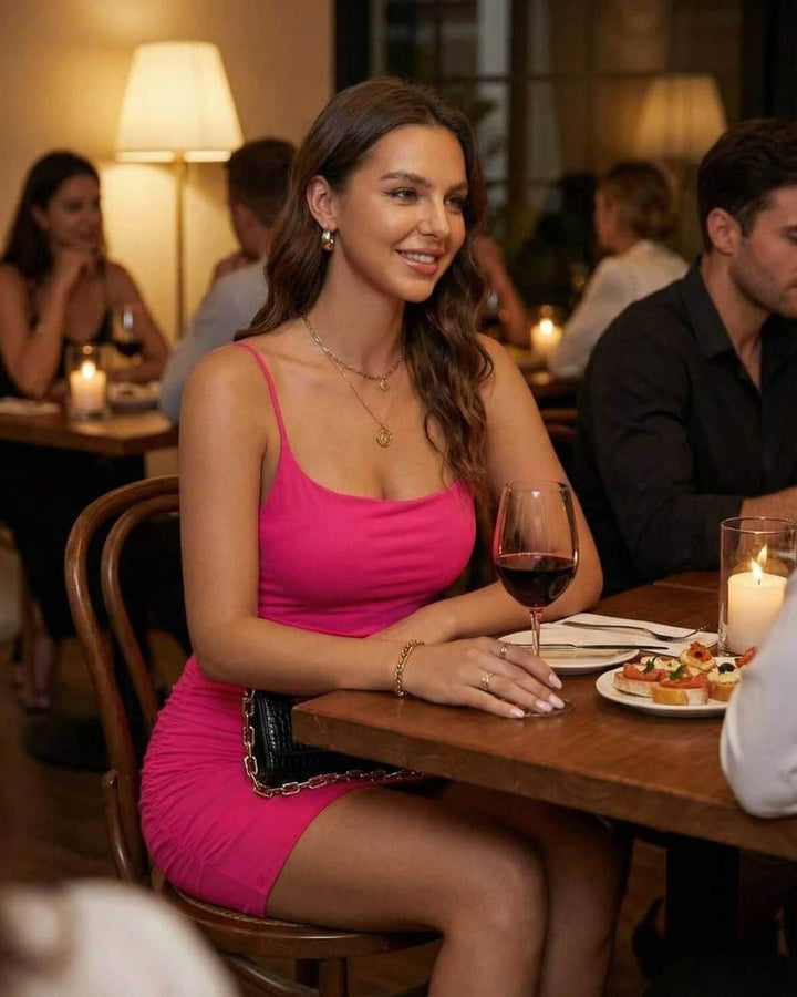 Vestido de fiesta mini bodycon rosa vibrante con tirantes para mujer, diseño moderno y sofisticado.