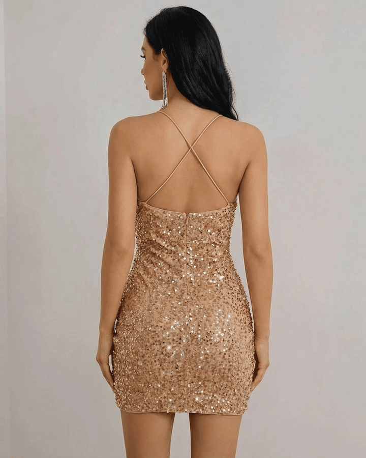Glamuroso vestido mini dorado de lentejuelas para mujer, perfecto para fiesta, noche y eventos especiales.