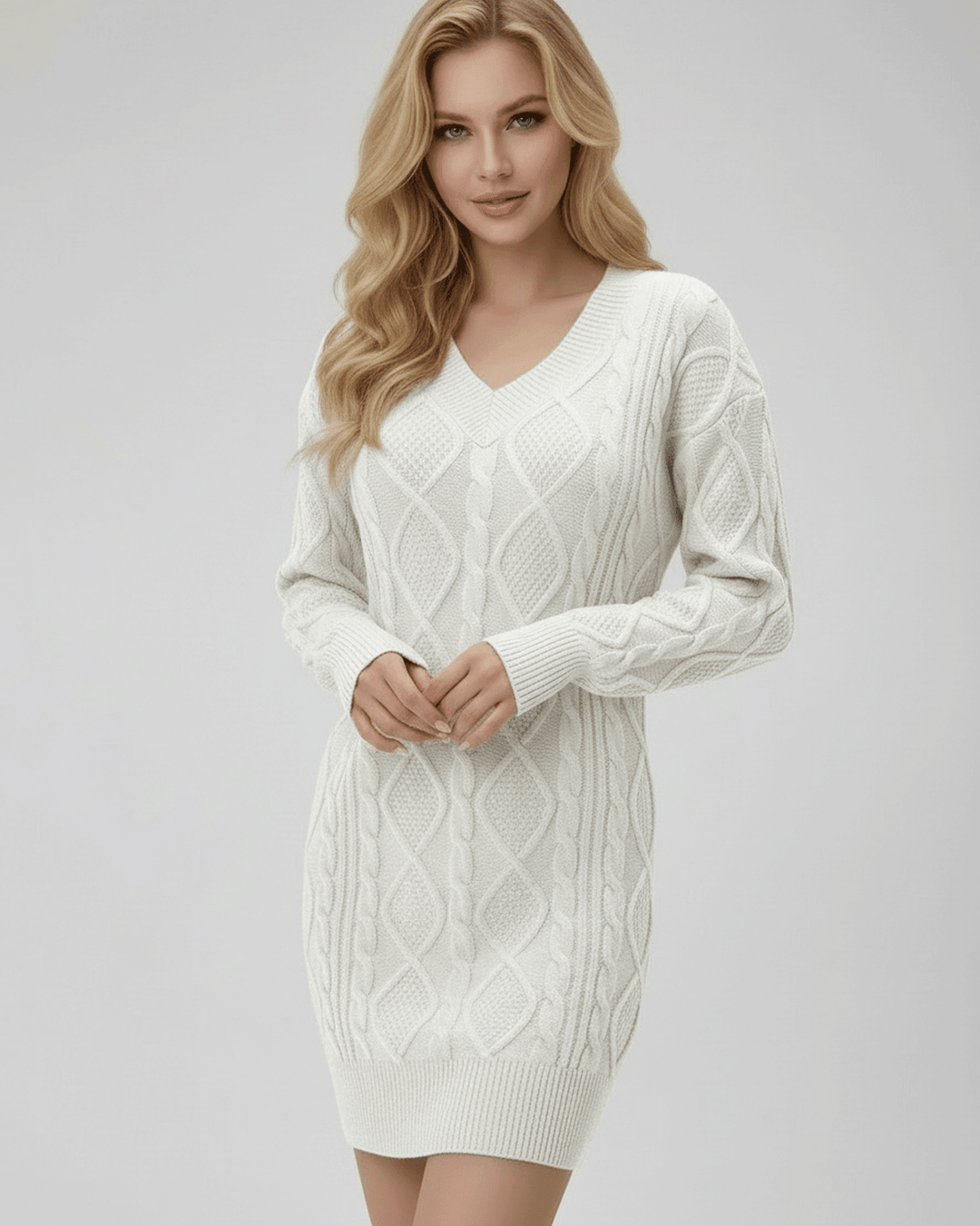 Mini vestido de punto blanco con cuello V, ajuste regular. Ideal para moda femenina versátil y elegante.