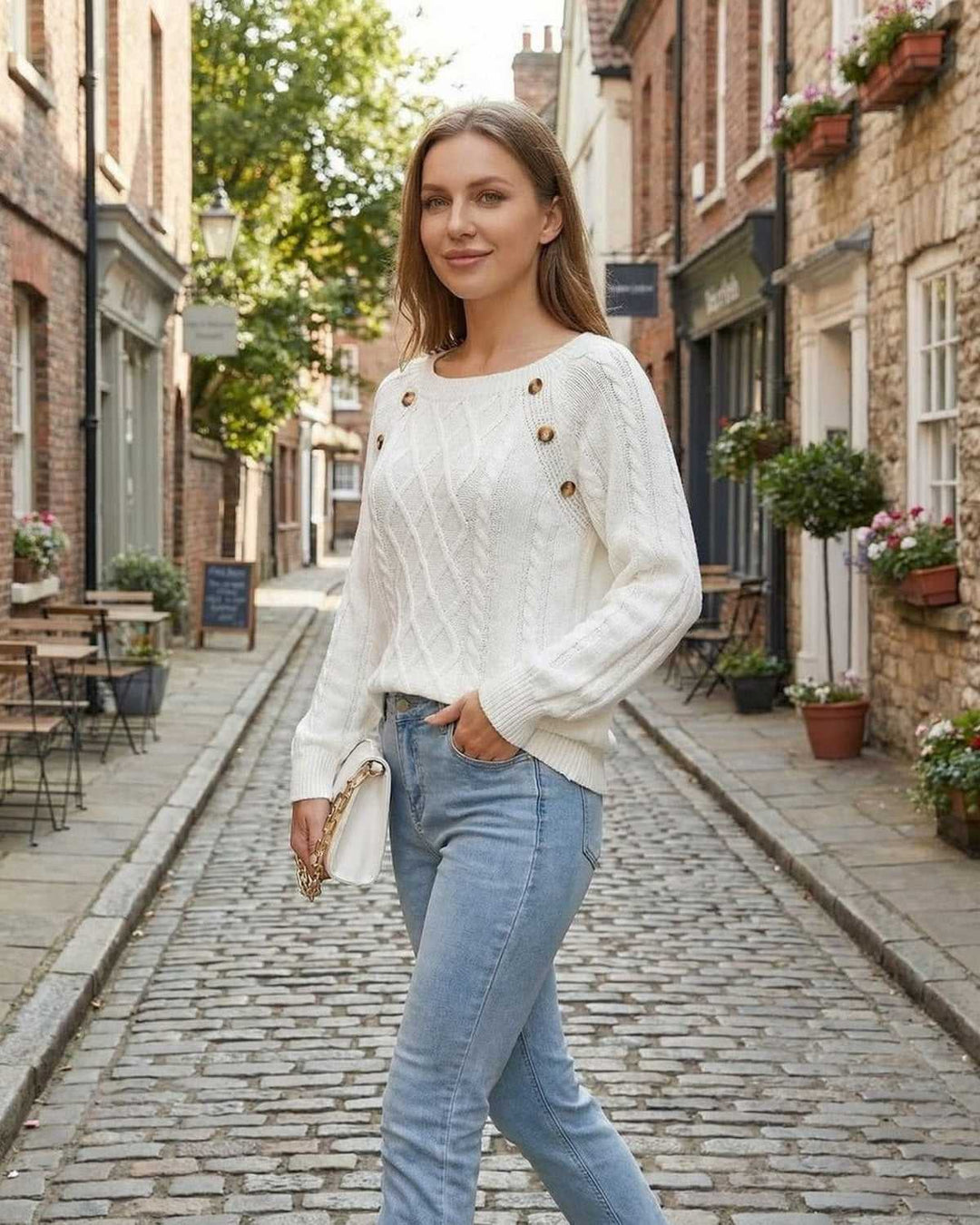 Suéter pullover de mujer, cuello cuadrado y mangas largas. Estilo versátil para moda femenina de temporada.